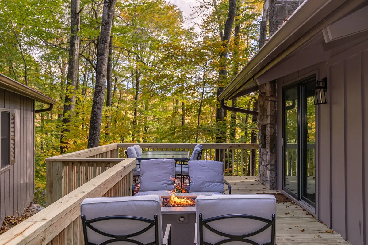 An outdoor scene with a fire pit encircled by comfortable seating, surrounded by lush trees. The space suggests evening gatherings, family barbecues, or quiet moments enjoying the sounds of nature—ideal settings for pet owners wanting to share outdoor experiences with their dogs.