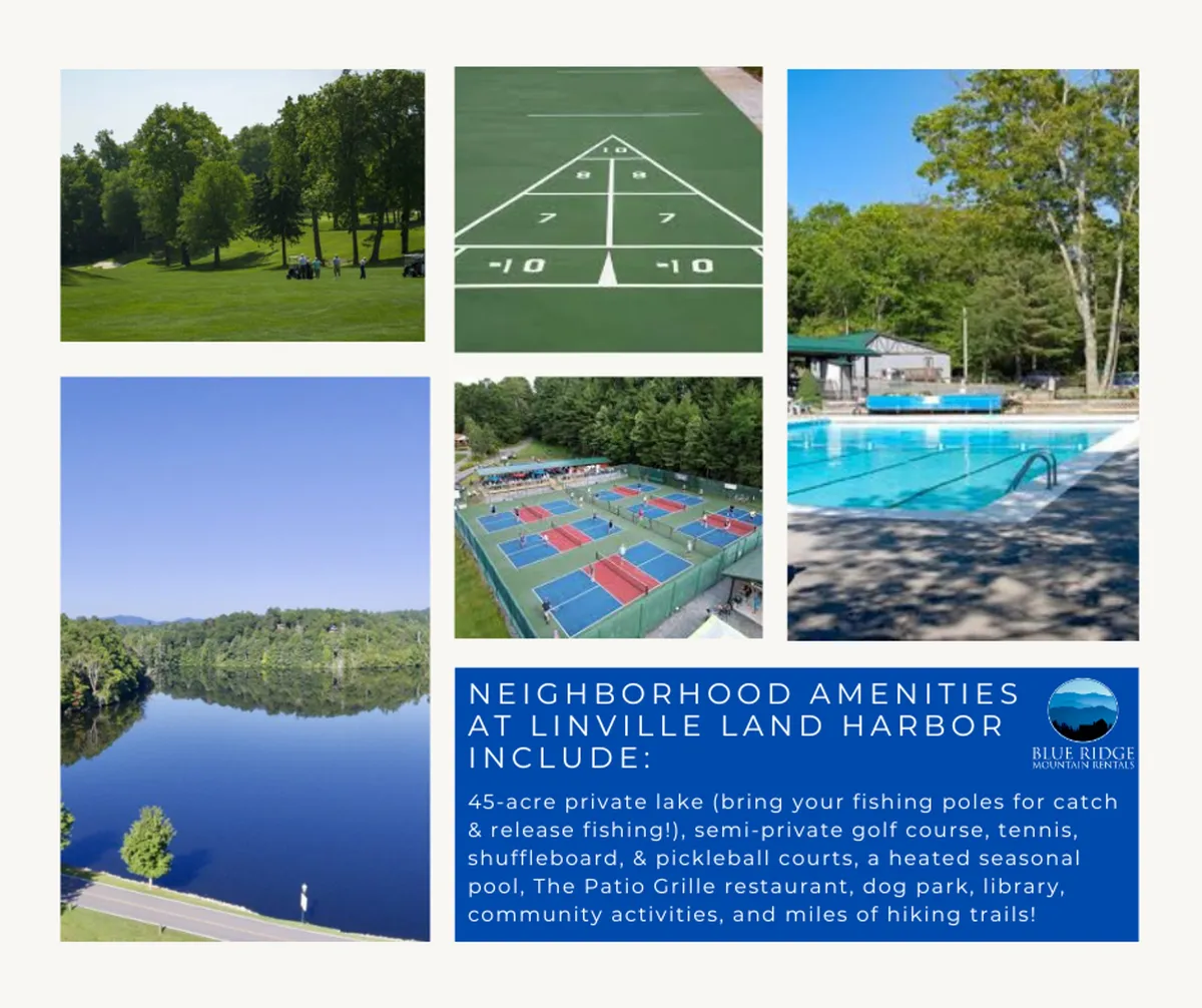 A vibrant aerial or wide-angle exterior shot capturing a sweeping view of the community amenities: a serene private lake, tennis courts, a sparkling swimming pool, a golf course, and shuffleboard courts. There are people engaged in activities like fishing, playing tennis, swimming, and enjoying picnics, all surrounded by lush greenery and walking trails, with a welcoming, active community atmosphere.